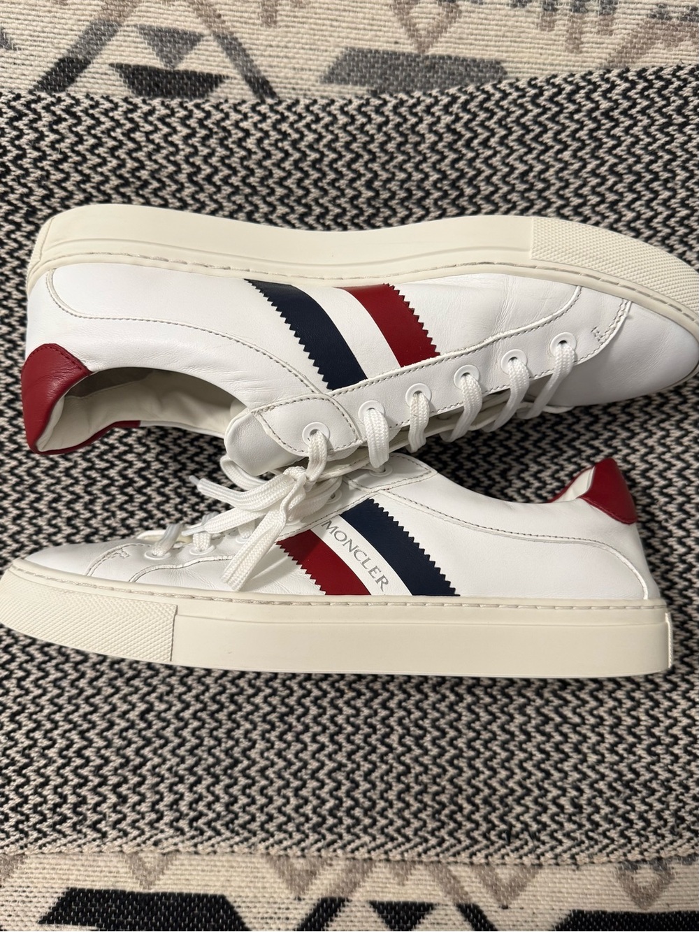 Moncler Ariel Low Top White Leather Sneakers with Red & Blue Accents - Picture 2 of 10